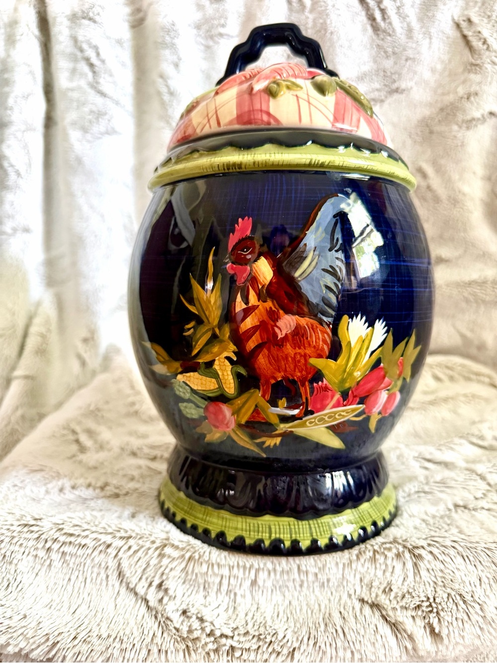 Vintage Tracy porter Hand-Painted Rooster Ceramic Jar in Navy and Red